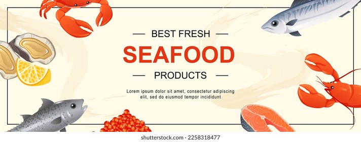 Seafood horizontal web banner. Different fish, mackerel, salmon, red caviar, crab, lobster, oyster with lemon, other products. Vector illustration for header website, cover templates in modern design