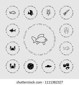 Seafood icon. collection of 13 seafood filled and outline icons such as crab, sushi, extinct sea creature, extinct fish. editable seafood icons for web and mobile.