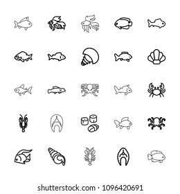 Seafood icon. collection of 25 seafood outline icons such as fish, octopus, crab, sushi, shell, extinct sea creature. editable seafood icons for web and mobile.