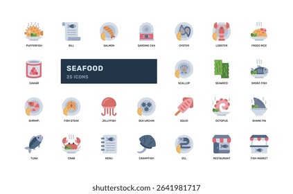 Seafood icon collection in flat style showing fish dishes ocean creatures and menu items suitable for food industry culinary apps restaurant branding or seafood market use