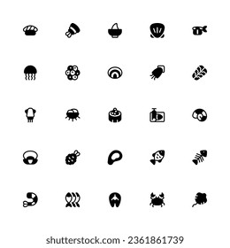 Seafood Icon Collection. Pixel Perfect Seafood Glyph Style 2D Icon