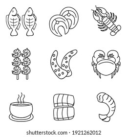 seafood icon. grilled fish, fish meat, lobster, shrimp, octopus tentacles, crab, seafood soup, salmon
