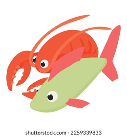 Seafood icon isometric vector. Freshly cooked lobster and large raw fish icon. Food concept, healthy nutrition