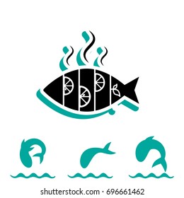 Seafood icon or logo isolated. Simple black fish vector symbol