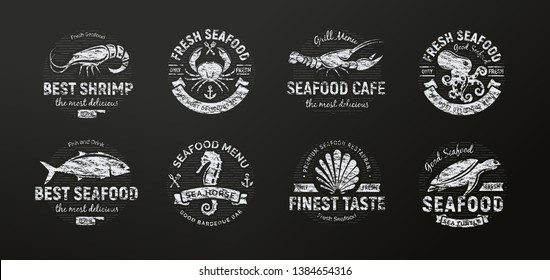 Seafood icon. Sea creatures, animals chalked on a school blackboard, seafood silhouette, retro style. Black and white chalk drawing logo template. Vintage emblem idea, concept design. Vectors
