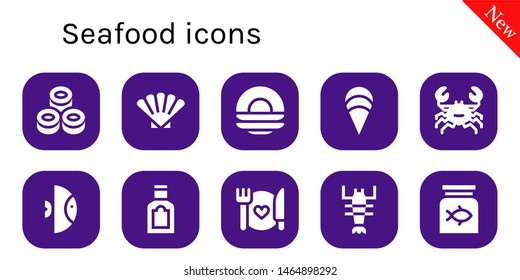 seafood icon set. 10 filled seafood icons.  Collection Of - Sushi, Shell, Dish, Clam, Crab, Fish, Food, Lobster, Fish food