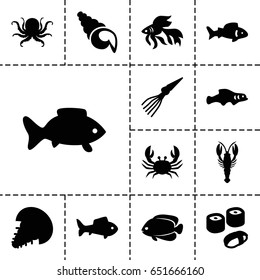 Seafood icon. set of 13 filled seafoodicons such as fish, octopus, crab, sushi, shell, extinct sea creature