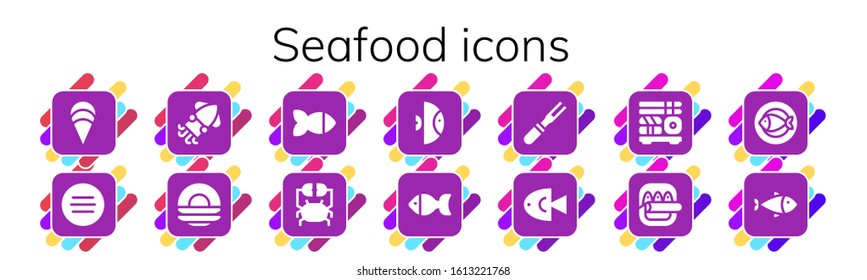 seafood icon set. 14 filled seafood icons.  Simple modern icons such as: Clam, Meat, Squid, Dish, Fish, Crab, Sushi