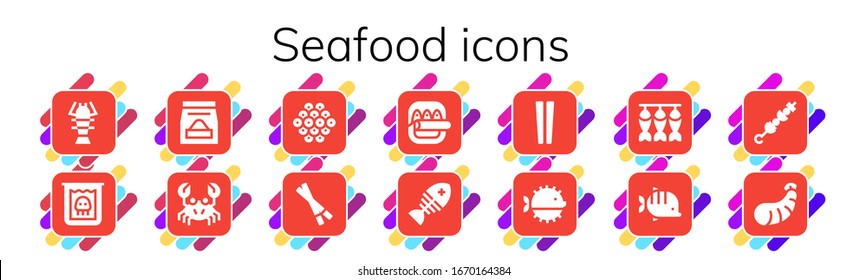 Symbol für Meeresfrüchte gesetzt. 14 gefüllte Seafood-Symbole. Einschließlich Hummer, Kreatur, Lebensmittel, Krebse, Kaviar, Stäbchen, Fisch, Pufffische, getrockneter Fisch, Brochette, Garnelen