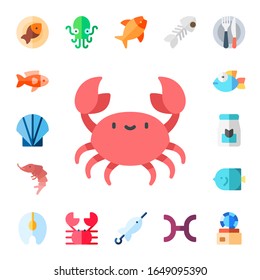 seafood icon set. 17 flat seafood icons. Included fish, seashell, crab, shrimp, food, salmon, kraken, brochette, fish bone, pisces, dish icons