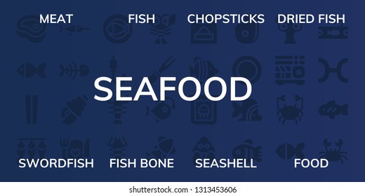 seafood icon set. 32 filled seafood icons. on blue background style Collection Of - Meat, Fish, Chopsticks, Dried fish, Swordfish, Fish bone, Seashell, Food, Fishing rod, Lobster