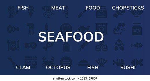 seafood icon set. 32 filled seafood icons. on blue background style Collection Of - Fish, Meat, Food, Chopsticks, Clam, Octopus, Sushi, Lobster, Fishing rod, Crab, Seahorse, Dish