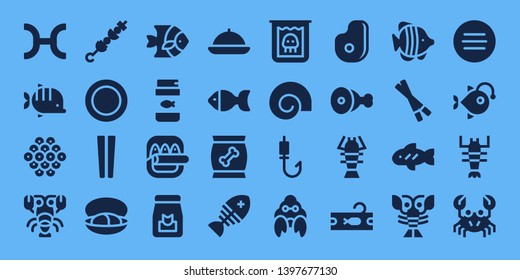 seafood icon set. 32 filled seafood icons. on blue background style Collection Of - Pisces, Fish, Caviar, Lobster, Brochette, Dish, Chopsticks, Mussel, Fish food, Food, Creature