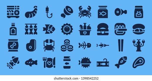 seafood icon set. 32 filled seafood icons. on blue background style Simple modern icons about  - Sushi, Food, Squid, Shrimp, Dried fish, Meat, Fish, Fishing rod, Crab, Sea urchin