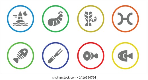 seafood icon set. 8 filled seafood icons.  Collection Of - Ocean, Fish, Shrimp, Meat, Pisces