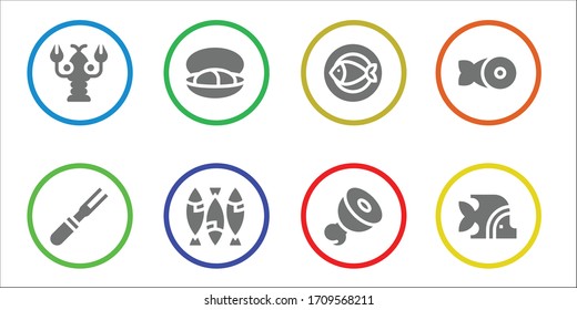 seafood icon set. 8 filled seafood icons.  Simple modern icons such as: Lobster, Meat, Mussel, Fish
