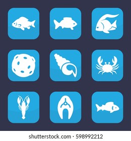 seafood icon. Set of 9 filled seafood icons such as fish, crab, shell