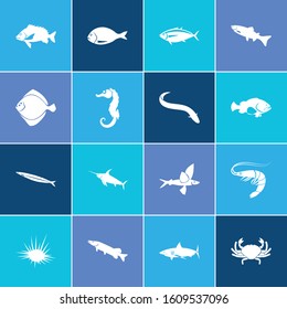 Seafood icon set and arctic char fish with sea horse, pike fish and dorado fish. Hippocampus related seafood icon vector for web UI logo design.