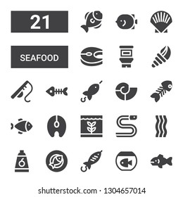 seafood icon set. Collection of 21 filled seafood icons included Fish, Food, Bacon, Eel, Salmon, Fish bone, Seashell, Brochette, Fish bones, Fishing rod, Shell
