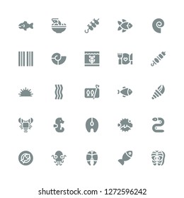 seafood icon set. Collection of 25 filled seafood icons included Salmon, Fish, Kraken, Eel, Blowfish, Seahorse, Lobster, Seashell, Sardines, Bacon, Sea urchin, Brochette, Food