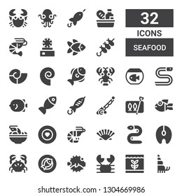 seafood icon set. Collection of 32 filled seafood icons included Hermit crab, Fish, Crab, Blowfish, Salmon, Eel, Seashell, Prawn, Food, Tom yum, Sardines, Fishing rod, Lobster