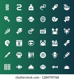 seafood icon set. Collection of 36 filled seafood icons included Sea urchin, Fish bones, Scallop, Foods, Fish, Bacon, Brochette, Kraken, Food, Dish, Shell, Fish bone, Crab, Seashell
