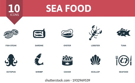 Seafood icon set. Contains editable icons seafood theme such as sardine, lobster, octopus and more.