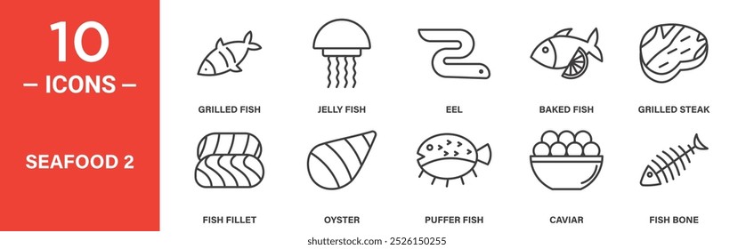 Seafood Icon Set Featuring Grilled Fish, Jellyfish, Eel, and Caviar Symbols