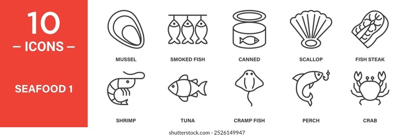 Seafood Icon Set Featuring Mussel, Smoked Fish, Shrimp, and Crab Symbols