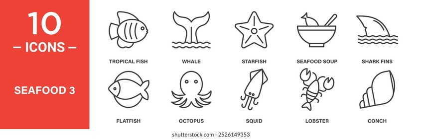 Seafood Icon Set Featuring Tropical Fish, Whale, Starfish, and Lobster Symbols