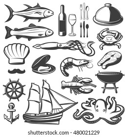 Seafood icon set with fish and vine which are prepared in restaurant vector illustration