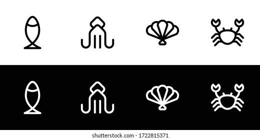 Symbol für Meeresfrüchte gesetzt. Flaches Design-Symbol-Sammlung einzeln auf schwarz-weißem Hintergrund. Fisch, Kalmare, Muscheln und Krabbe.