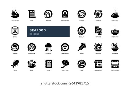 Seafood icon set in glyph style showing fish dishes sea animals and menu objects suitable for culinary use restaurant branding food industry and seafood market application