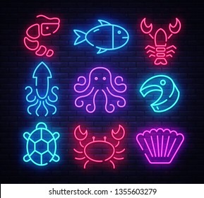 Seafood icon set neon. Design template, design elements. Delicious cuisine objects. Light banner, collection neon signs for Seafood. Vector illustration