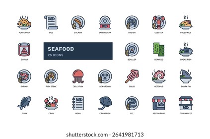 Seafood icon set in outline filled style showing fish dishes menu items sea animals and market use great for food business culinary app or seafood restaurant illustration