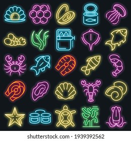 Seafood icon set. Outline set of seafood vector icons neon color on black