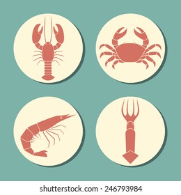 Seafood icon set. Round layouts, stylized images of lobster, shrimp, crab and squid. Minimalist design style. Vintage colors.