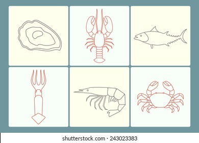 Seafood icon set. Square layouts, rounded corners, thin outlines. Stylized images of oyster, lobster, fish, shrimp, crab and squid. Minimalist design style. 