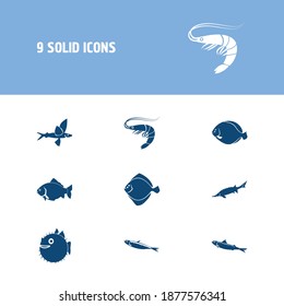 Seafood icon set and turbot with crucian, flatfish and sardine. Herring related seafood icon vector for web UI logo design.