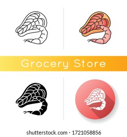Seafood icon. Tuna raw steak. Fresh shrimp. Mediterranean cuisine. Cooking recipe ingredient. Marine food. Premium quality crustacean. Linear black and RGB color styles. Isolated vector illustrations