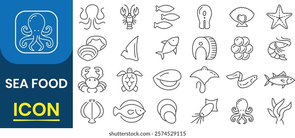 Seafood icon, vector, silhouettes set. Contains line icons of fish, lobster, crab, octopus, shrimp, oyster, mussel, shell, mollusk, mussels, squid, crab, starfish. Isolated vector illustrations.