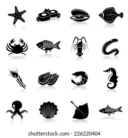 Seafood icons black set with starfish prawn lobster clam isolated vector illustration