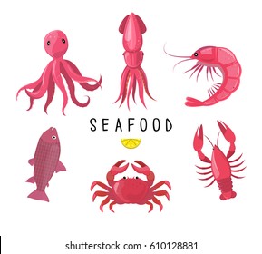 Seafood icons collection. Vector illustration. Seafood platter - crab, lobster, fish, octopus, shrimp, crayfish. Pink icons isolated on white background.