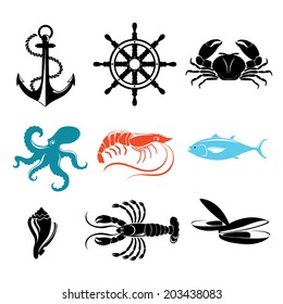 Seafood icons. Crab, lobster, fish, octopus.