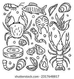 Seafood icons. Drawn seafood background