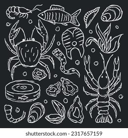 Seafood icons. Drawn seafood background