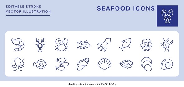 Iconos de mariscos. Trazo Editable. Conjunto de iconos de línea delgada símbolo de colección.