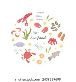 Seafood icons elements in color. Vector illustration of seafood and sea cuisine.