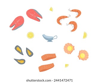 Seafood icons elements. Vector illustration of sea delicacies and sea cuisine.