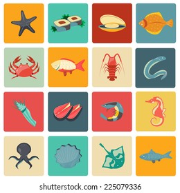 Seafood icons flat set with seahorse eel stingray sushi isolated vector illustration